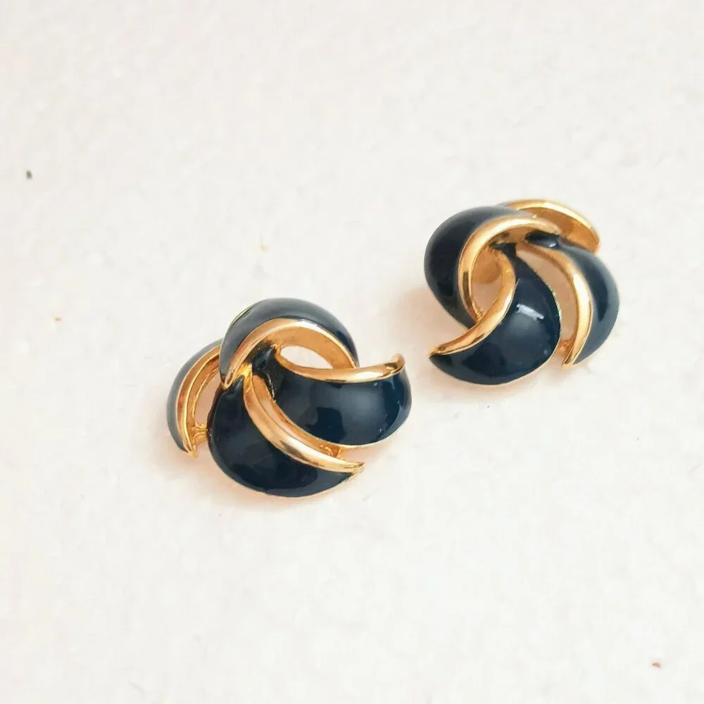 Blue Enamel Swirl Nautical Earrings Women's Gold Tone Vintage Post/Stud Jewelry
